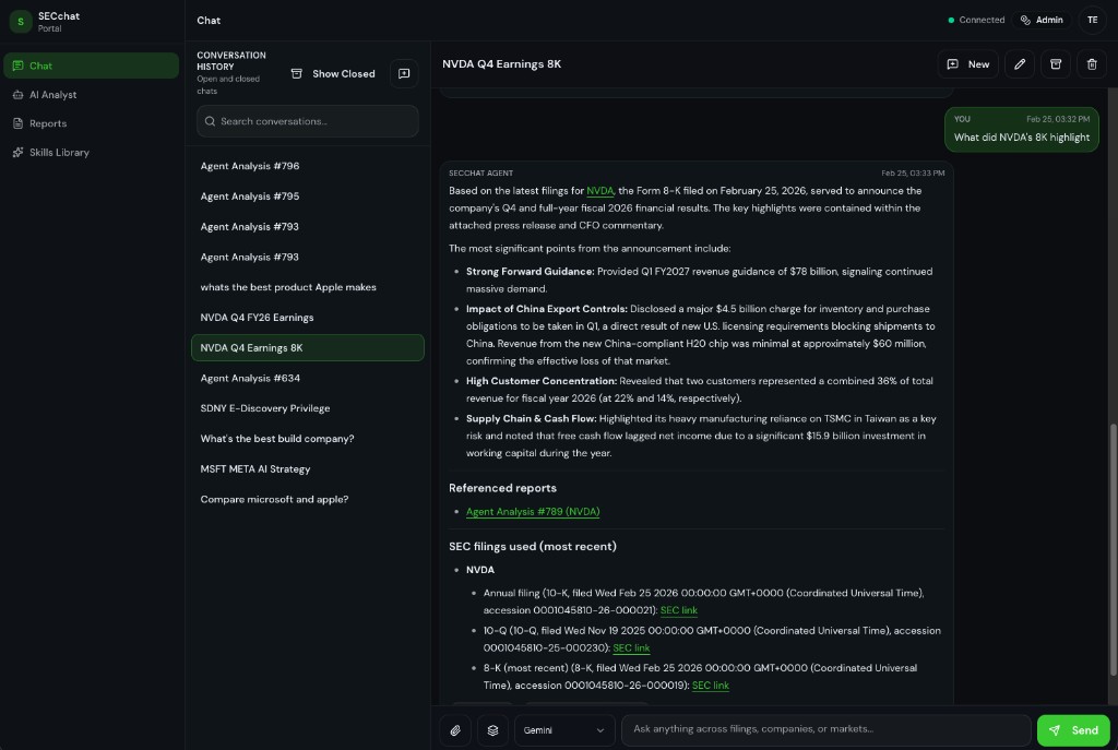SecChat chat workspace with source-backed SEC filing analysis and conversation history